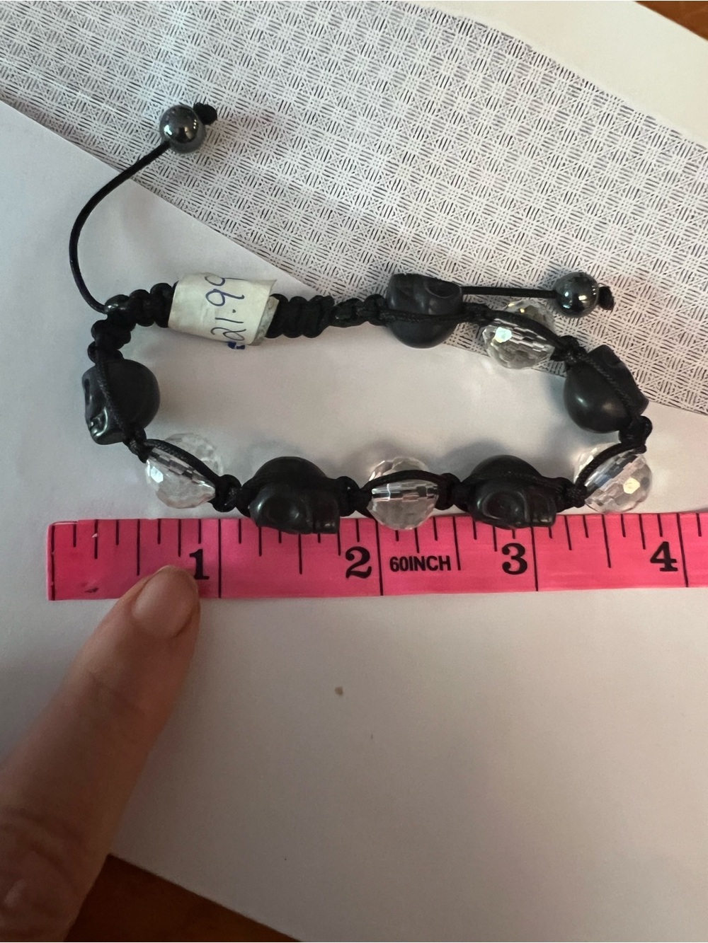 Adjustable Black skull Beaded Macramé Bracelet with Clear Accent Beads